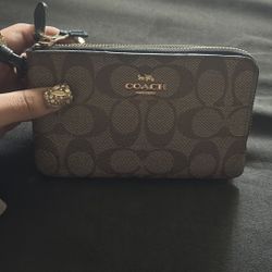 Coach Signature Brown Wristlet with Gold Details