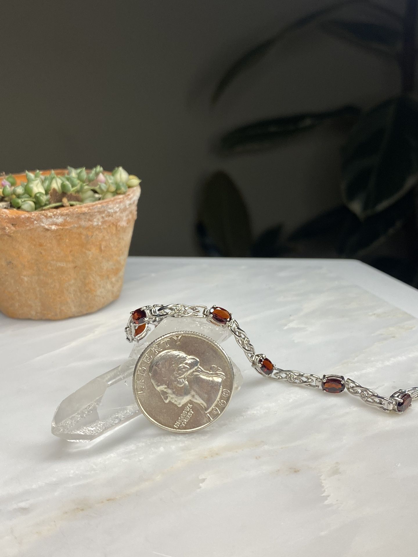 Real 10kt White Gold Garnet & Diamond Bracelet