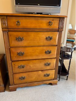 Traditional wood 5 drawer tall dresser with matching nightstand