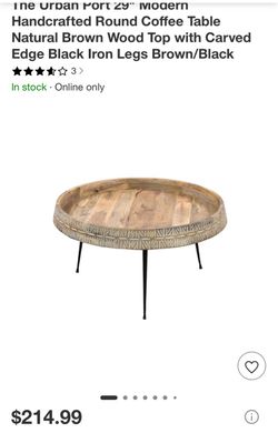 The Urban Port 29" Modern Handcrafted Round Coffee Table Natural Brown Wood Top with Carved Edge Black Iron Legs Brown/Black