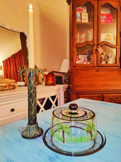 Glass Covered Dome & Cake Plate Hand Painted Palm Tree & Candle Stick Holder Set