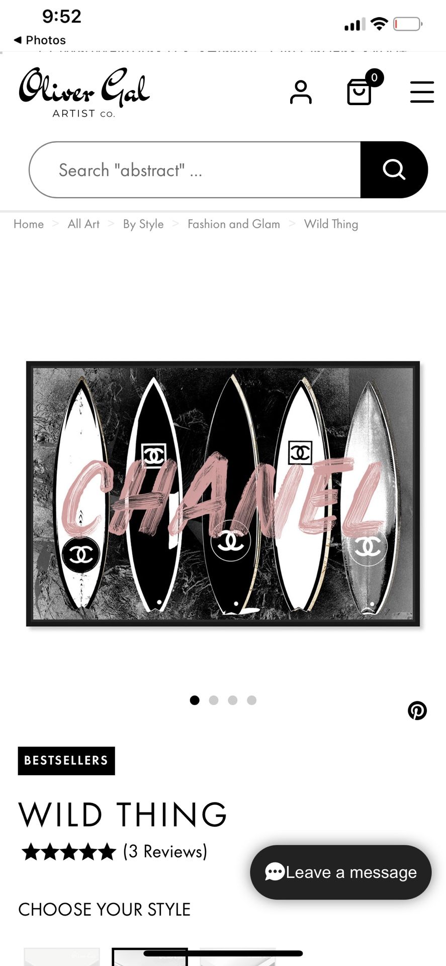 36x24 Oliver Gal “Wild Thing” Framed Canvas W/ Chanel Surfboard