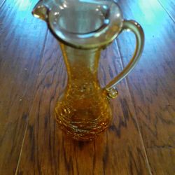 EXQUISITE MCM Pilgrim Glass Crackled Amber 7" Miniature Pitcher.
