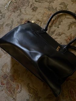 Black Leather Structured Handbag with Gold Hardware