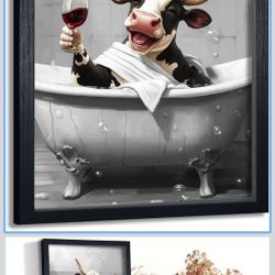 🌼 Framed Bathroom Wall Decor, Funny Cow Bathroom Wall Art Farmhouse Canvas Print, Black and White Cow Pictures Framed Animal Painting Print Artworks