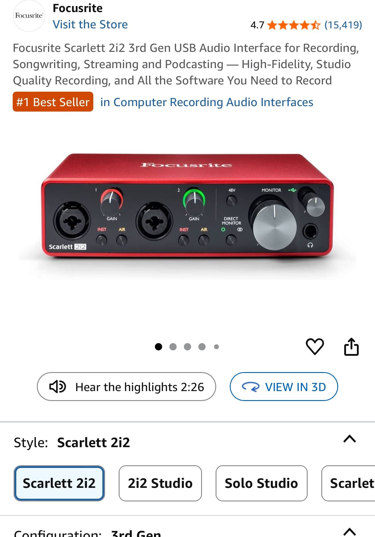 Focusrite Scarlett 2i2 3rd Gen USB Audio Interface for Recording