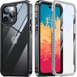 iPhone 14 Pro Max Case, 2022 Upgrade Tempered Glass Clear Bumper Case with Built-in 9H Screen Protector, Full Body Protective Shockproof Rugged Cover