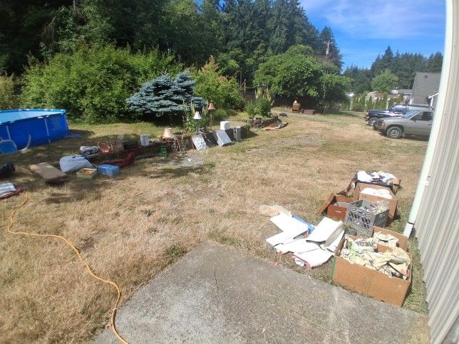 BIG YARD GARAGE SALE!! Kitchen Stuff Clocks Vintage Items Glass Bowls Sports Cards Material Fabric Womens Men's Clothing Lamps