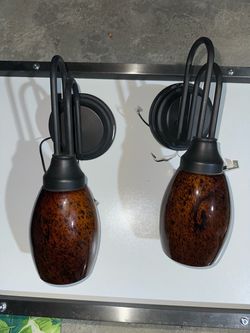 Pair of 2009 Amber Art Glass Wall Sconces Brown Black Metal Hardwire Lights