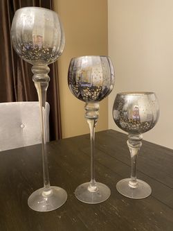 Set of 3 glass silver candle holders