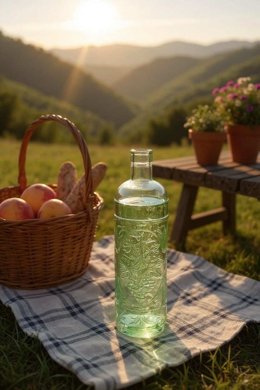 Williams Sonoma Spain 1990s Embossed Green Glass Bottle Grapevine Motif, 11.5”