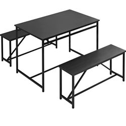 Panana 3 Piece Dining Room Table Set 43 Inch Kitchen Table with Two Benches Breakfast Table with Metal Frame Dining Room Home Black