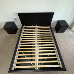 Queen Bed Frame with 4 Storage Drawers — Excellent Condition | Wood Veneer + Curved Slats + Govee Backlighting