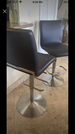 ÑIKE NEW Set Of 2 Brown Leather Adjustable Height Stools Brushed Chrome Base