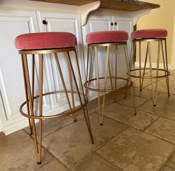 3 Modern Barstools Gold Trim Pink Velvet Swivel Cushion 360 degrees