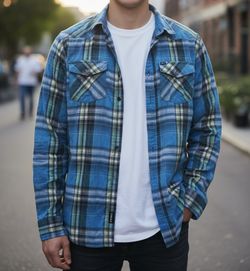 Hurley Plaid Shirt  Mens Size Medium  Western Pearl Snap Long Sleeve Turquoise 