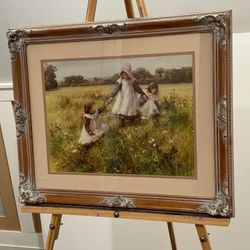 BEAUTIFUL FRAMED LARGE PRINT 23” X 19” CHILDREN PLAYIBG IN THE FIELD