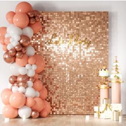 Rose Gold Shimmer Wall Backdrop, 24PCS Square Sequin Shimmer Backdrop Panels, Photo Backdrops for Birthday, Anniversary Wedding Engagement Decoration