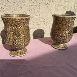 Two Mosaic Amber Crackle Candle Holders 8inchrs Tall