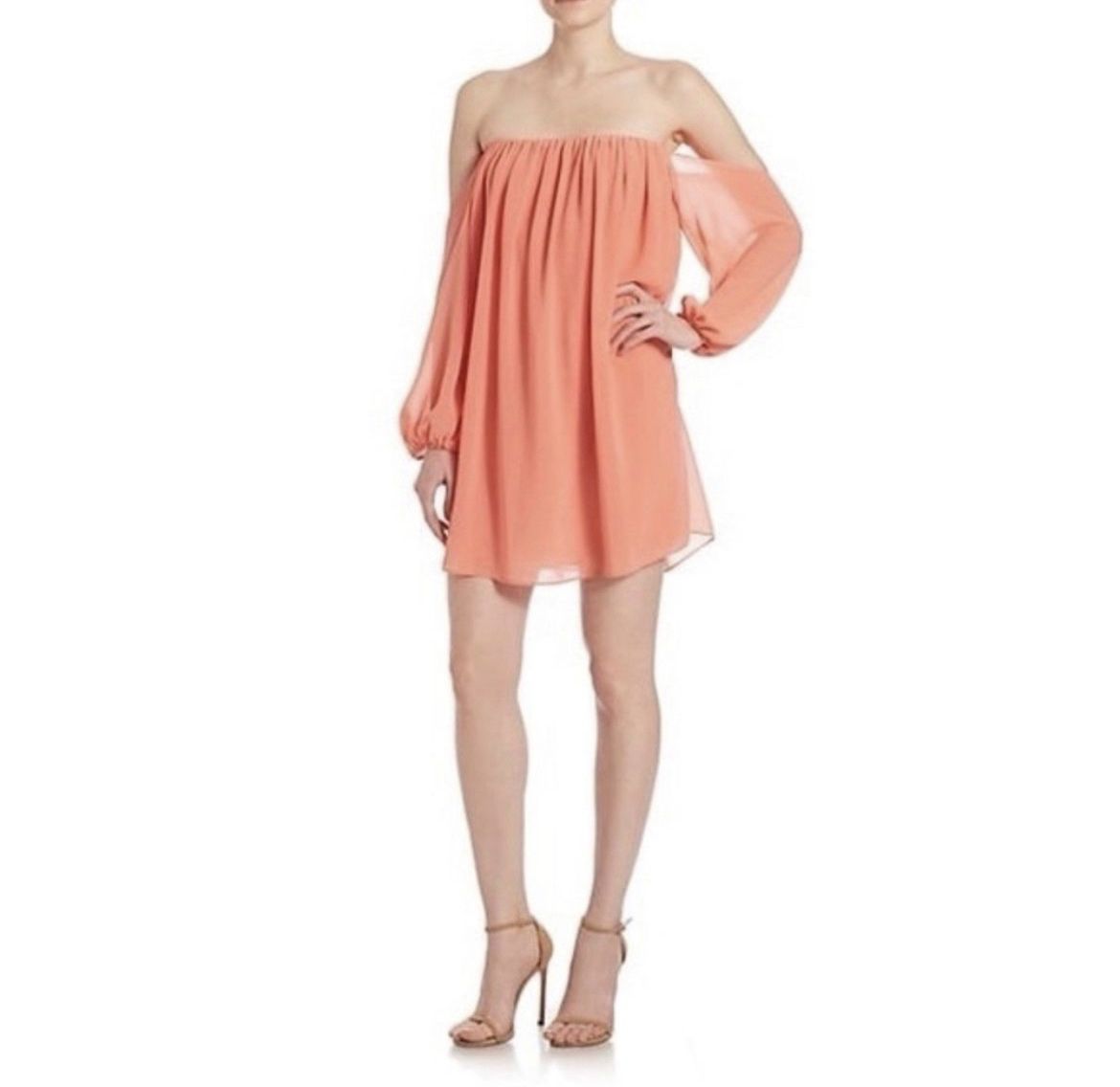 MISA Los Angeles Dress Off-Shoulder Rose Coral Long Sleeves Chiffon Size S