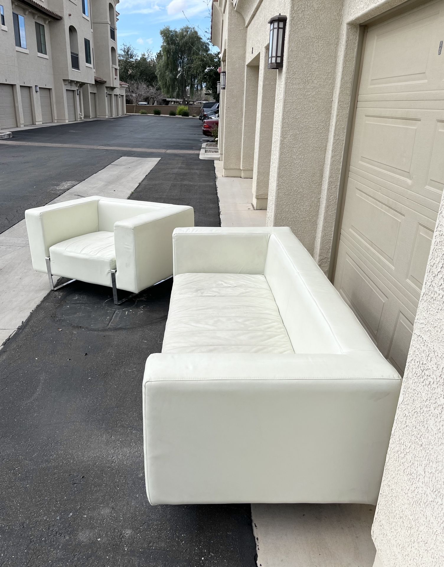 Minimalist White Leather Couch and Chair