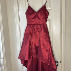 RED SATIN V NECK FORMAL OCCASION GOWN