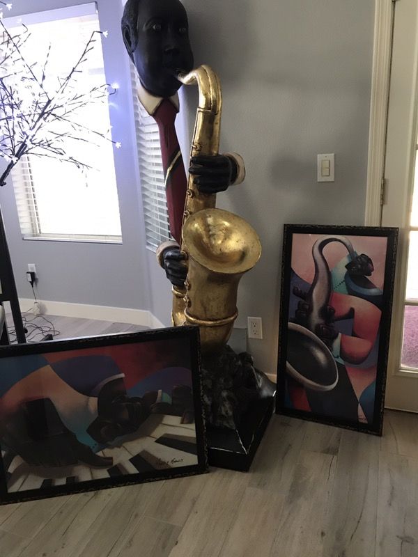 Saxophone player STATUE & (2) matching piano & saxophone player pics