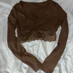 Brown Sinched V Neck Lace Top