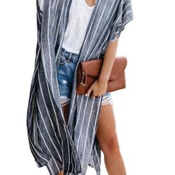 One Size Kimono Swimsuit Coverup  Open Front Striped Maxi Cardigan Beach Cover Up