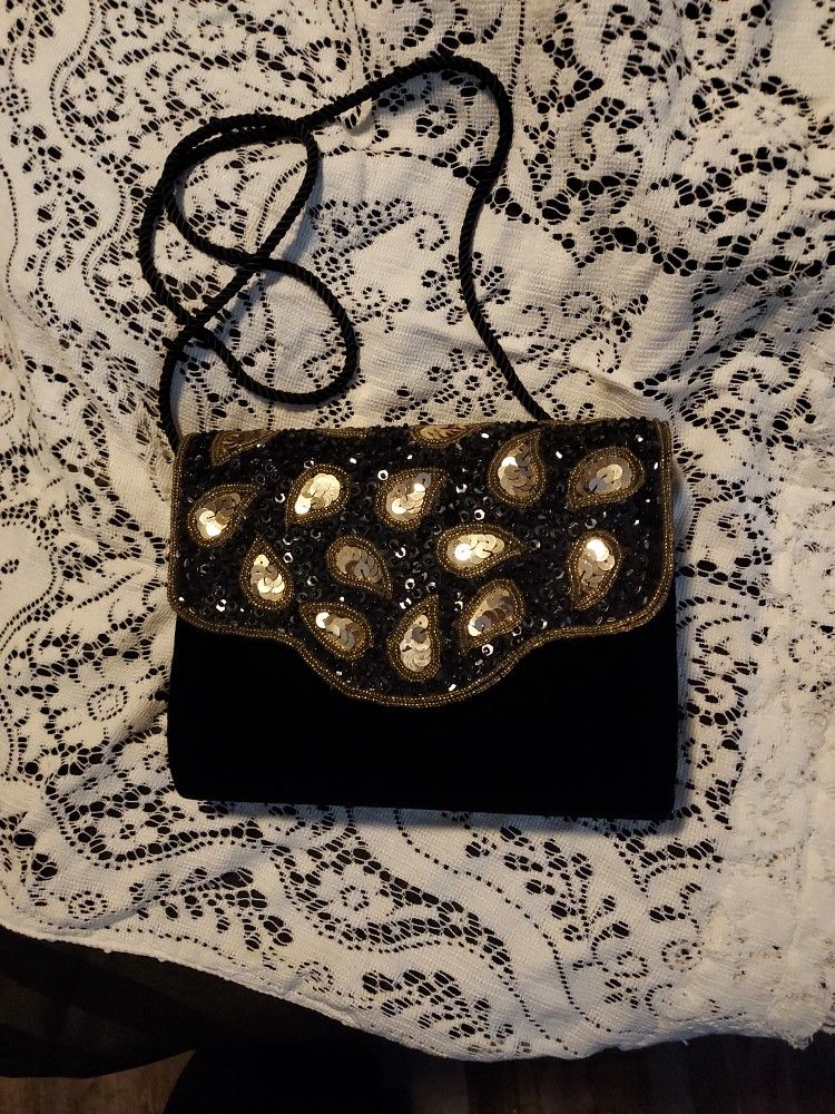 Vtg Partners Mervyns Sequin Beaded Velvet Black Purse