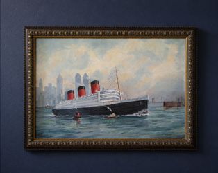 RMS Queen Mary: Large Original Oil Painting –  New York Harbor – Custom Framed (42"x29")