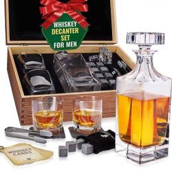 Whiskey Decanter Gift Set by Royal Reserve – Liquor Bourbon Decanter 24 oz 750 ml with Glasses, Chilling Stones, Coasters and Tong – Whiskey Gifts for