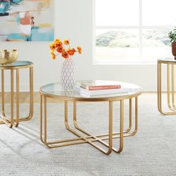 Coffee Table With 2 End Tables - Glass Top With Gold Frame