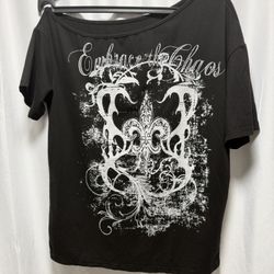 Black Graphic Tee - "Embrace the Chaos" Off-the-Shoulder