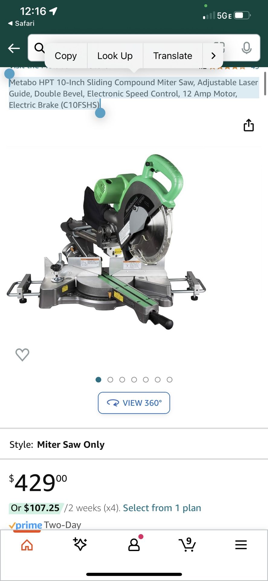 Metabo HPT 10-Inch Sliding Compound Miter Saw, Adjustable Laser Guide, Double Bevel, Electronic Speed Control, 12 Amp Motor, Electric Brake (C10FSHS)