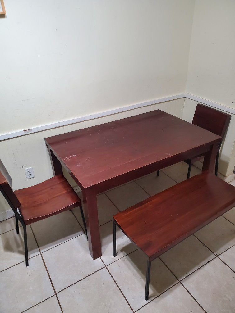 Super Sturdy Solid Cherry-Wood Made Dinning Set. Chairs and sitting Bench has Metal Frame. $ ?
  
