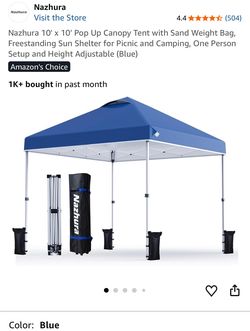 Nazhura 10' × 10' Pop Up Canopy Tent with Sand Weight Bag, Freestanding Sun Shelter for Picnic and Camping, One Person Setup and Height Adjustable  bl