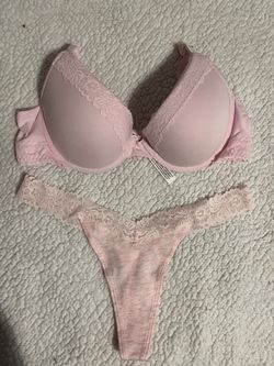 Pink Lace Trim Bra and Thong Set