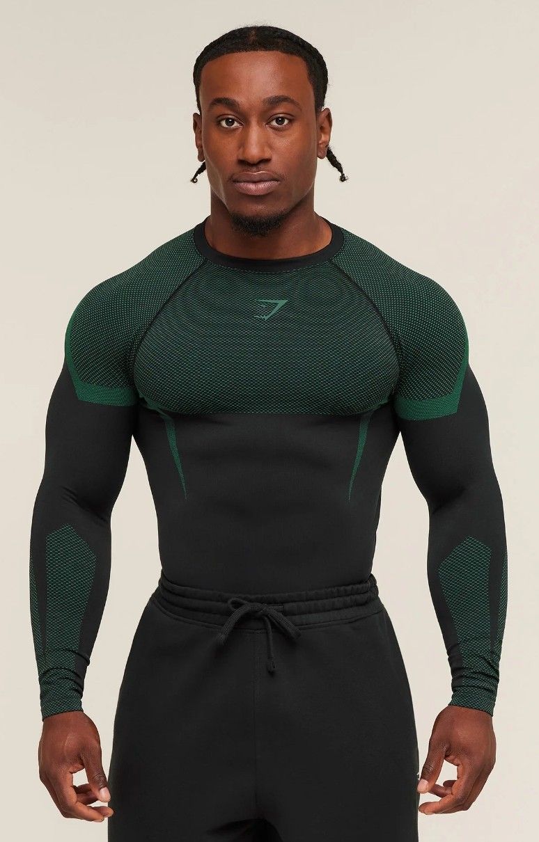 Gymshark Onyx 5.0 Seamless Long Sleeve T Shirt Black/Lift Green