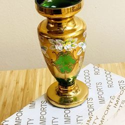 Bohemia green glass Vase 18 cm Decorated Enamel & Gold
