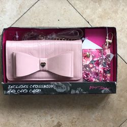 Betsey Johnson Pink Patent Bow Crossbody/Clutch and Matching Floral Wallet Set