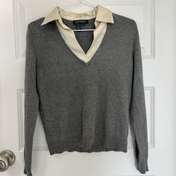 Size S (XS fit) Vintage Lauren Ralph Lauren Silk Collar Silk-Cashmere Blend Gray Sweater