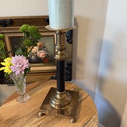 Mid Century Brass Candle Holder with Black Enamel Paint and Patina | MCM Home Decor | French Style | Pillar Candle Holder |Square Footed Base | 13” Ta