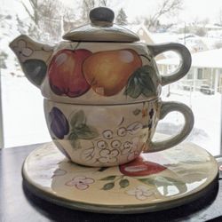 Personal Ceramic Hand Painted Tea Pot And Mug, One Cup, One Pot And One Tray