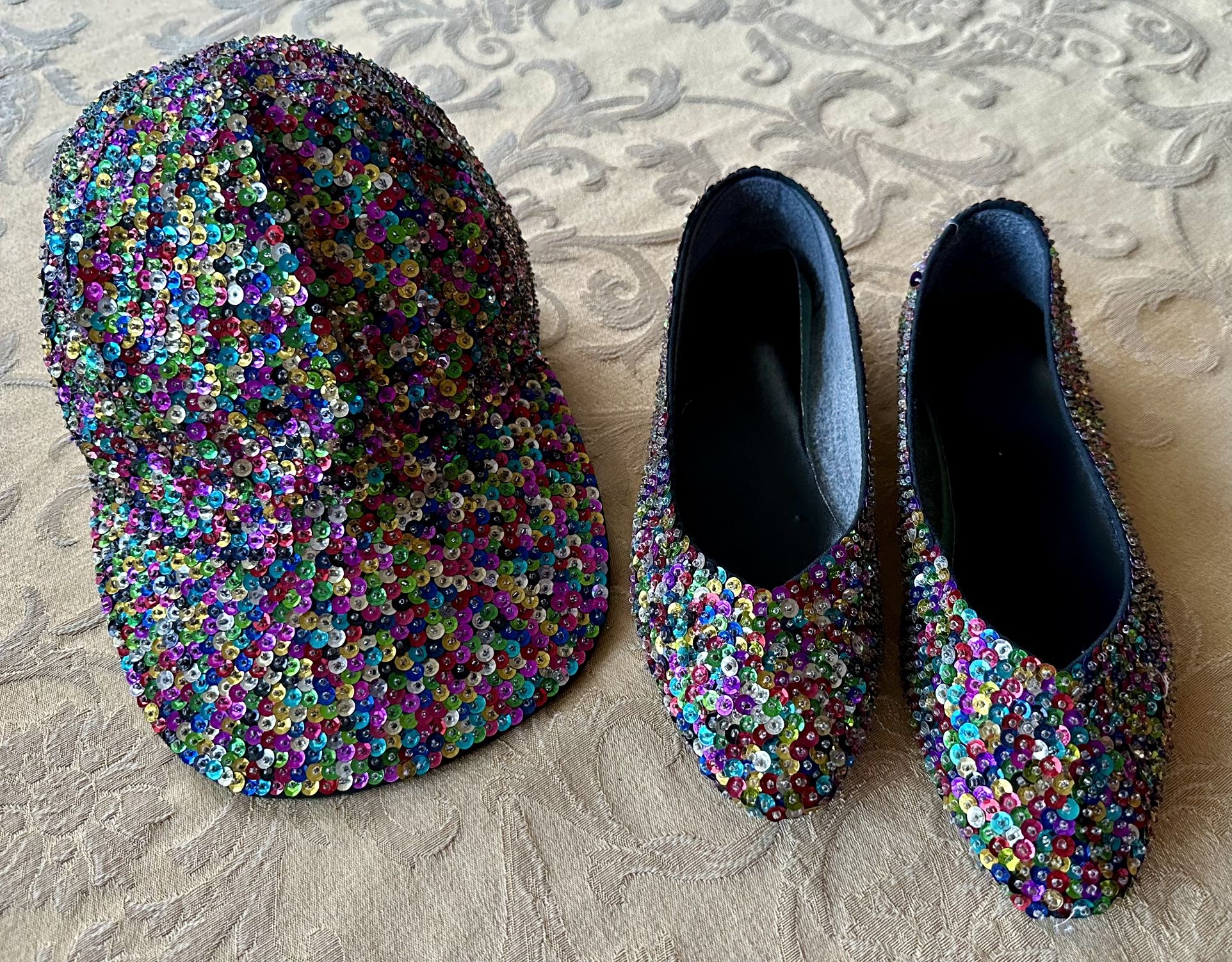 Sequins Peacock size 8 Ballet shoes and ladies one size Baseball cap with a ponytail cut $20 each
