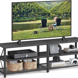 TV Console for TVs Up to 70 Inches, TV Table, 63 Inches Width, TV Cabinet with Storage Shelves, Steel Frame, for Living Room, Bedroom, Black with Wood