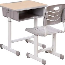 ShowMaven Student Desk and Chair Combo, Height Adjustable Children's Desk and Chair Workstation with Drawer, Pencil Grooves and Hanging Hooks for Home