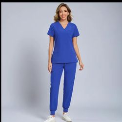 Women's Blue Solid Medical Scrubs Set - Short Sleeve Top & Jogger Bottoms