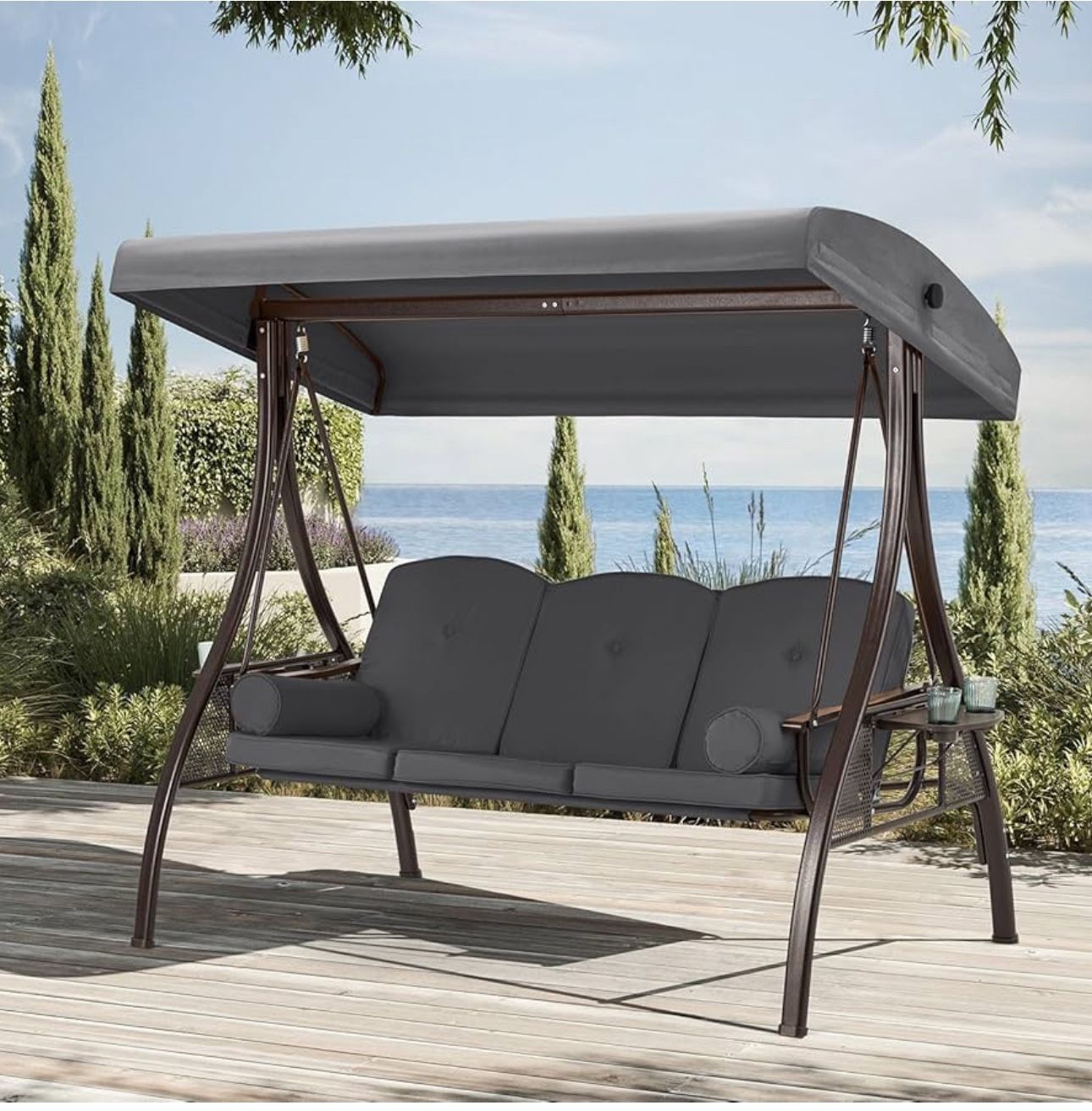 HOMREST 3 Person Outdoor Porch Swing with 1.5" Deep Cup Holder, Adjustable Canopy