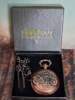 Vintage NEW IN BOX Bronze Motorcycle Pocket Watch 